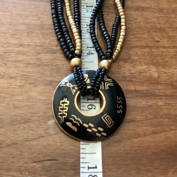 Vintage Wooden Beaded Four Strand Necklace w Round Pendant Black/Gold - Picture 4 of 6